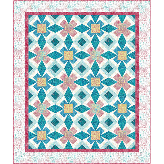 A vibrant quilt featuring a colorful geometric designs.