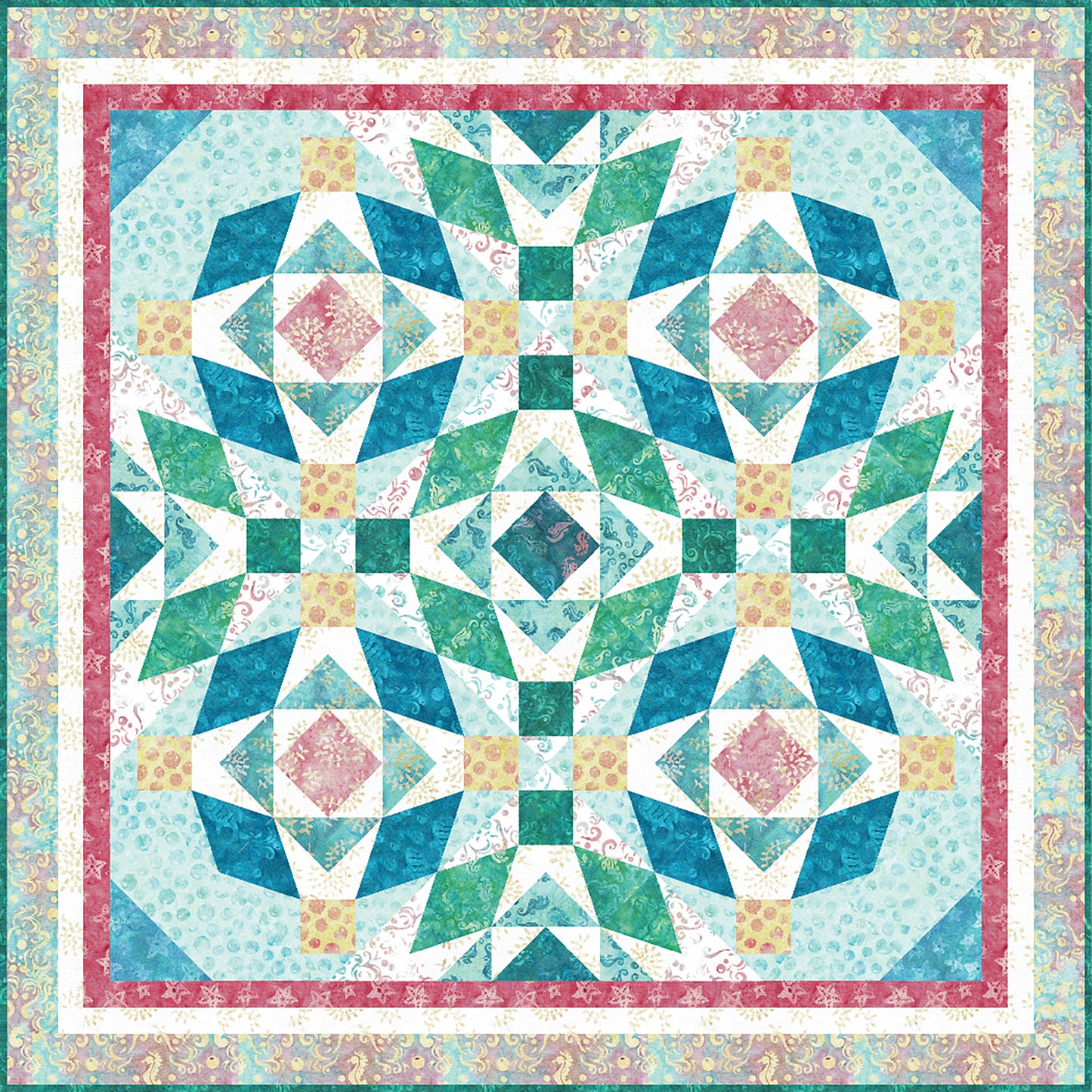 A vibrant quilted square featuring a colorful geometric design.