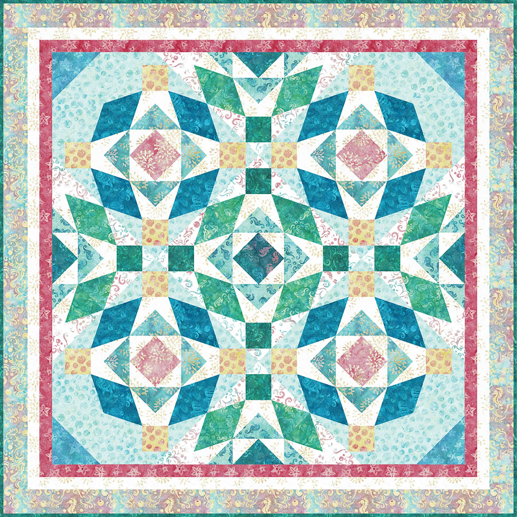 A vibrant quilted square featuring a colorful geometric design.