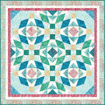 A vibrant quilted square featuring a colorful geometric design.