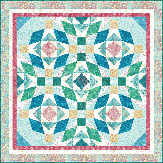 A vibrant quilted square featuring a colorful geometric design.