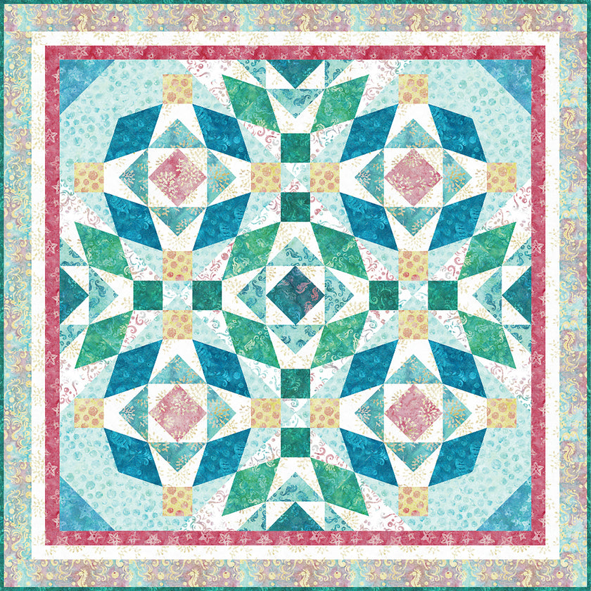 A vibrant quilted square featuring a colorful geometric design.