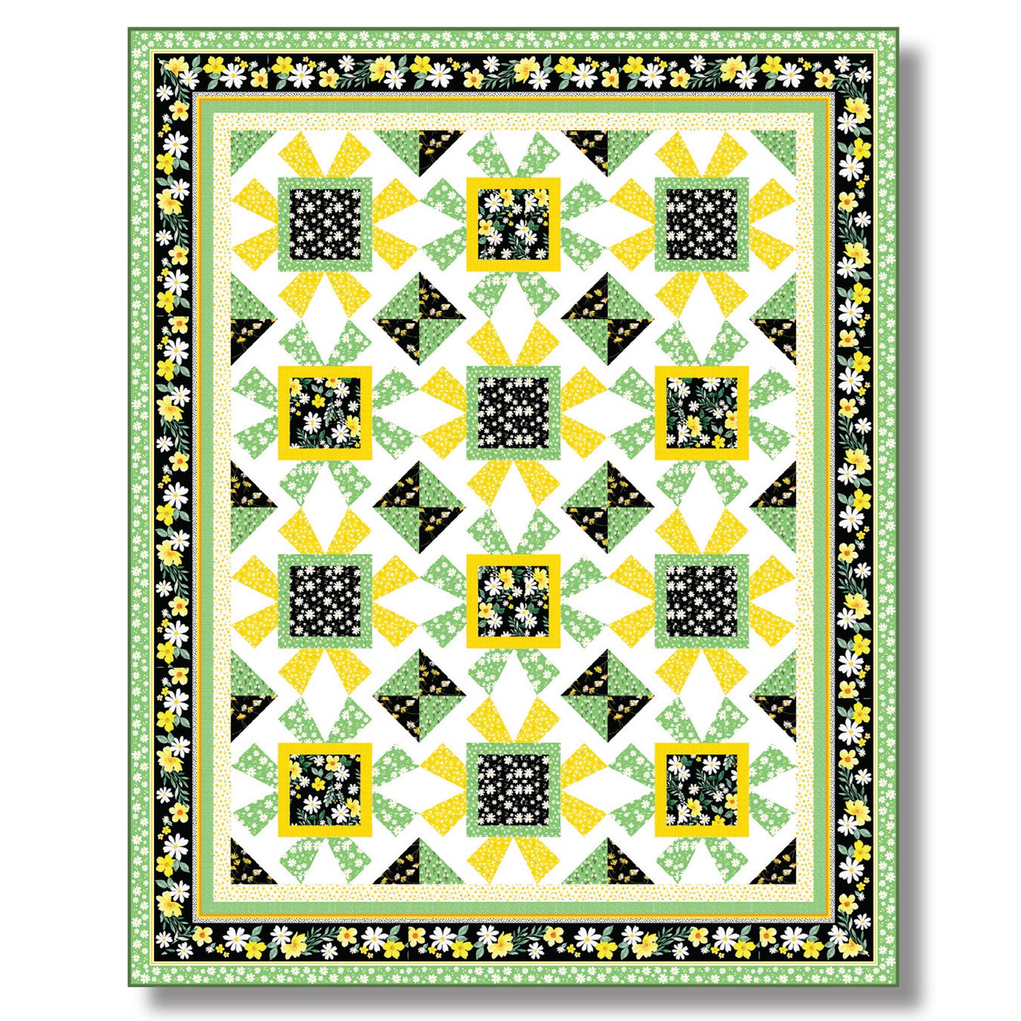 Vibrant quilt featuring yellow, green, and black squares.