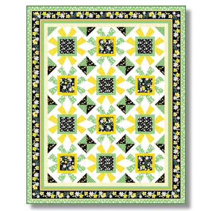 Vibrant quilt featuring yellow, green, and black squares.