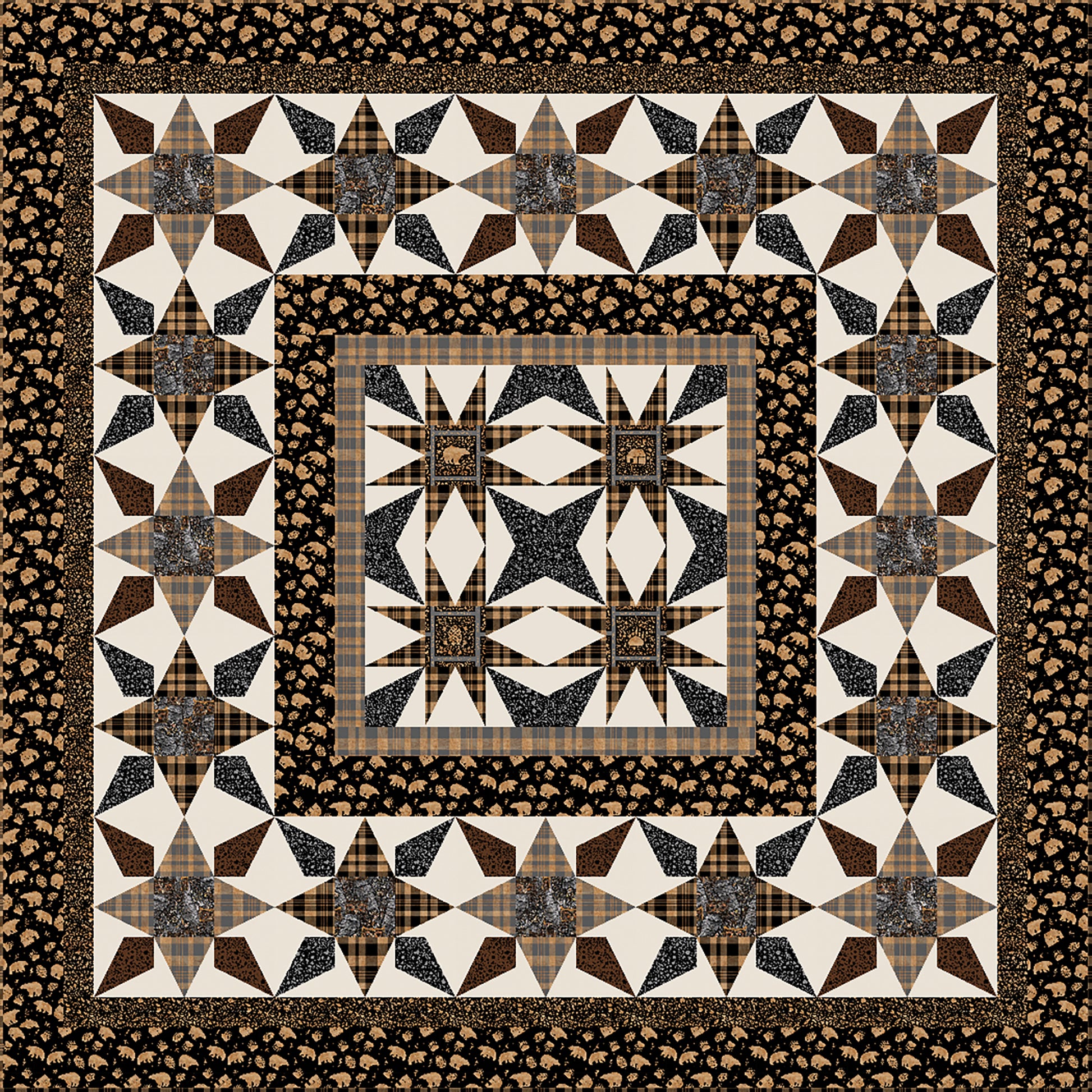 A woodsy feeling square quilt featuring intricate brown and black stars.