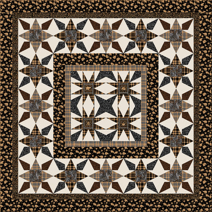 A woodsy feeling square quilt featuring intricate brown and black stars.