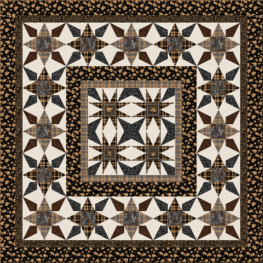 A woodsy feeling square quilt featuring intricate brown and black stars.