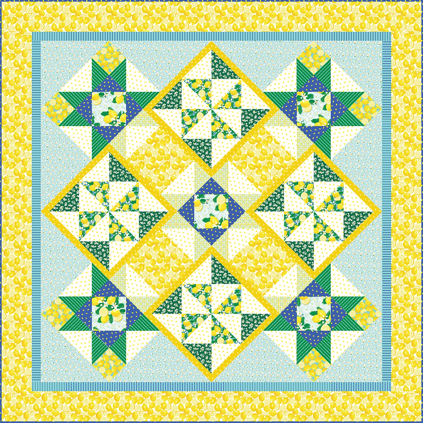 Bright yellow and blues and green quilt reminds a person of fresh squeezed juice. Beautiful pattern of stars and pinwheels.