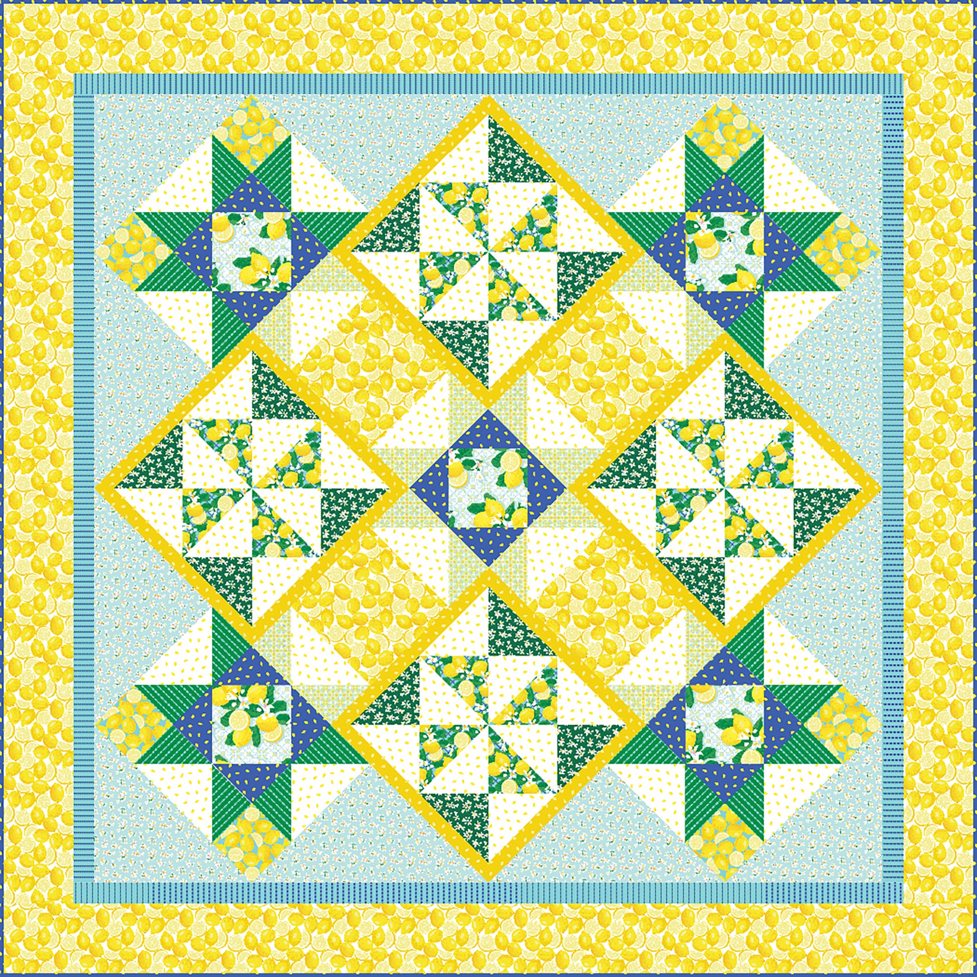 Bright yellow and blues and green quilt reminds a person of fresh squeezed juice. Beautiful pattern of stars and pinwheels.