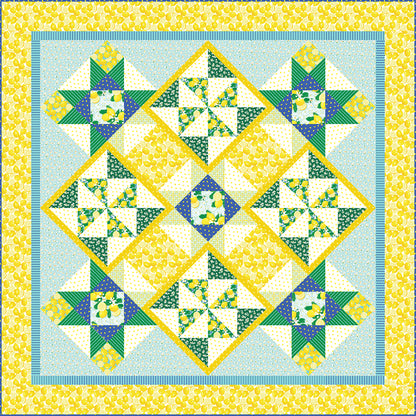 Bright yellow and blues and green quilt reminds a person of fresh squeezed juice. Beautiful pattern of stars and pinwheels.