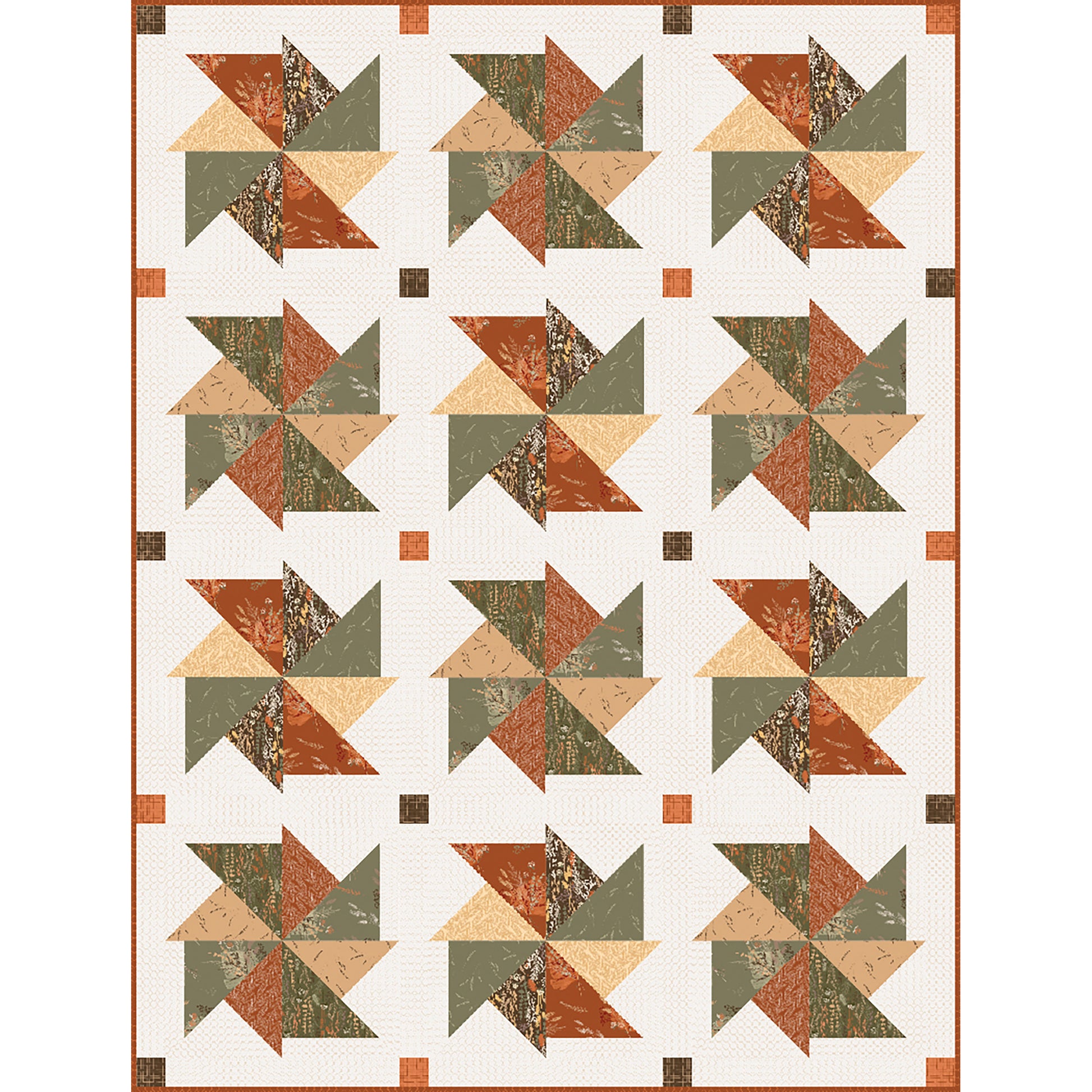 Fun pinwheel quilt in brown, green, and orange hues giving it a more prairie feel.