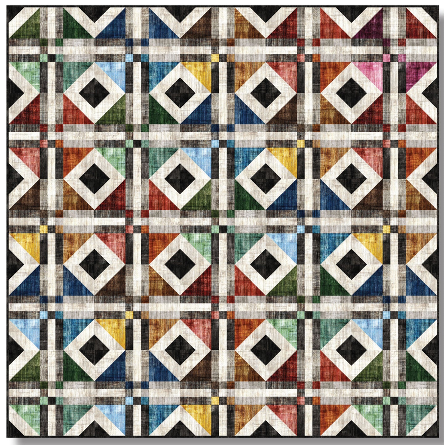 A colorful quilt showcasing squares and triangles in various hues, creating a vibrant and visually appealing pattern.