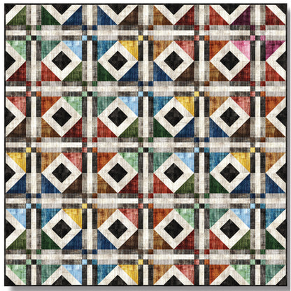 A colorful quilt showcasing squares and triangles in various hues, creating a vibrant and visually appealing pattern.