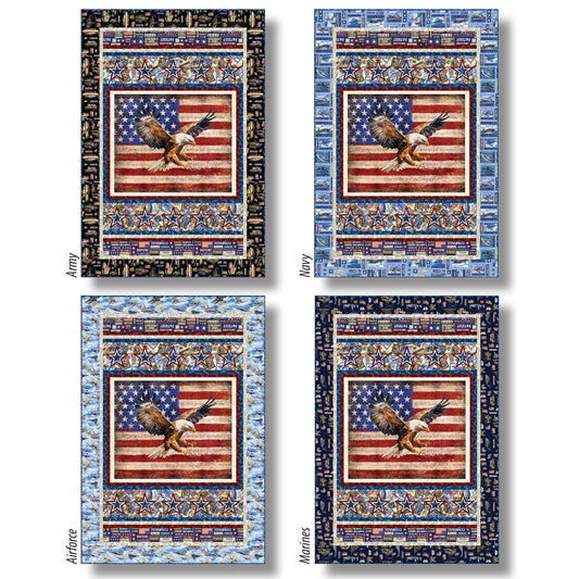 Four patriotic quilts featuring eagle and stars - one for each service of the military.