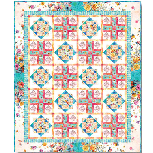 Vibrant quilt featuring beautiful floral pattern. Center of quilt is rows of two alternating blocks with a total of 20 blocks.