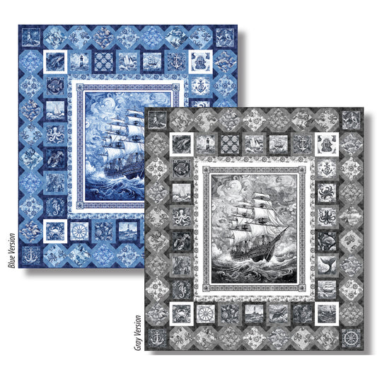 Two blue and white quilts with a ship design in the middle.