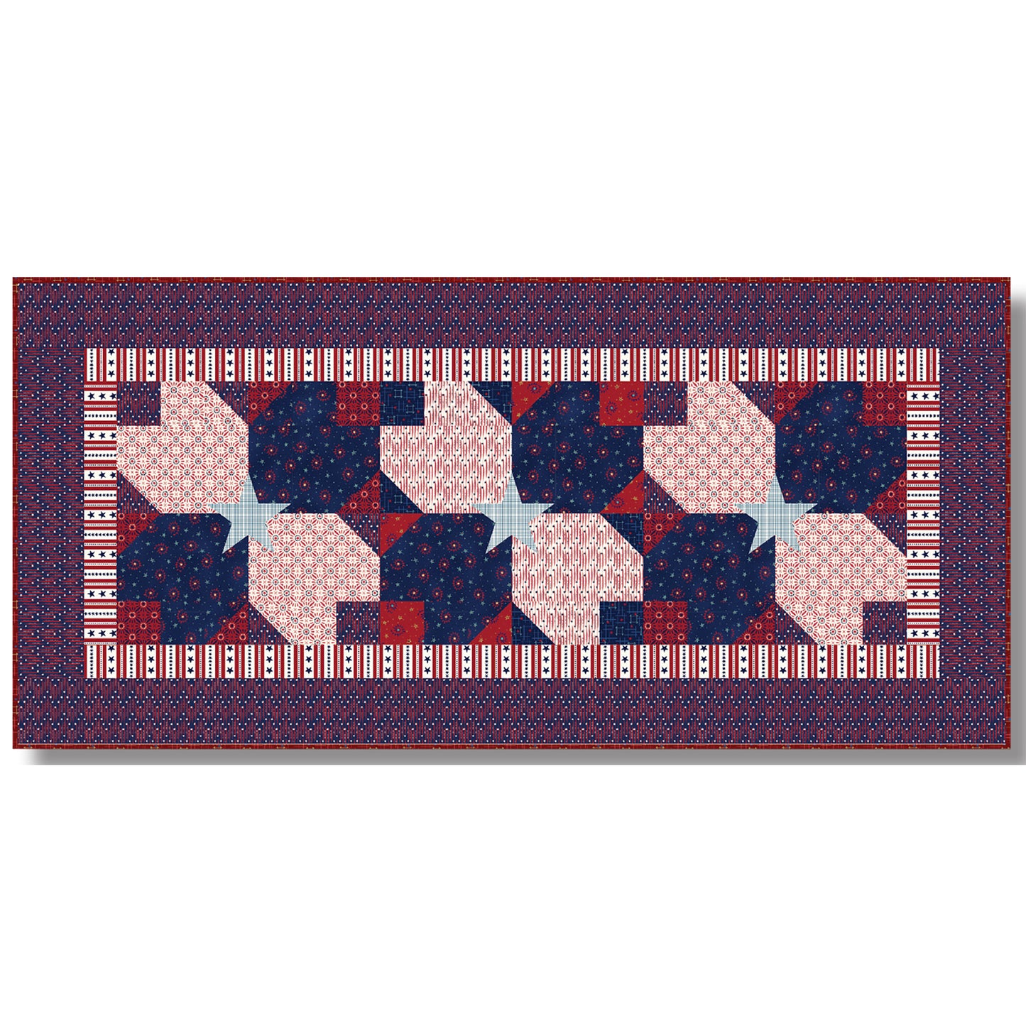 A quilted table runner featuring vibrant red, blue, and white floral pattern with tulip shapes with stars between. Could be floral or patriotic depending on your view or color choices. The two tulip-like-shapes almost look like bones with a star in the middle.