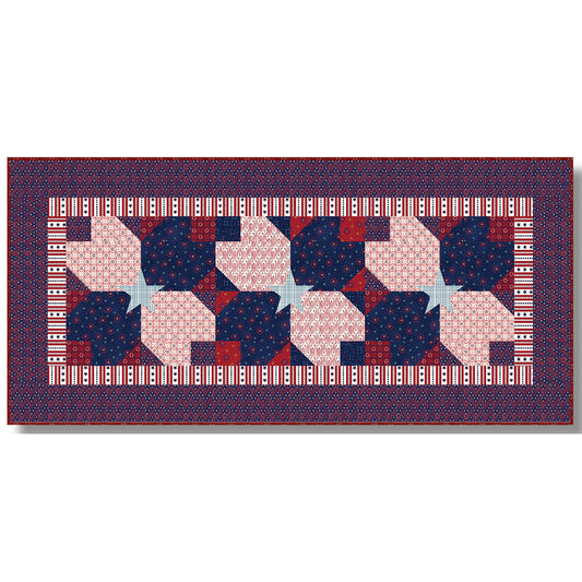 A quilted table runner featuring vibrant red, blue, and white floral pattern with tulip shapes with stars between. Could be floral or patriotic depending on your view or color choices. The two tulip-like-shapes almost look like bones with a star in the middle.