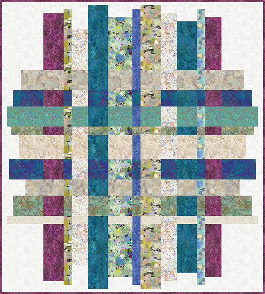 A vibrant quilted patchwork quilt featuring a blue, green, and purple interwoven design.