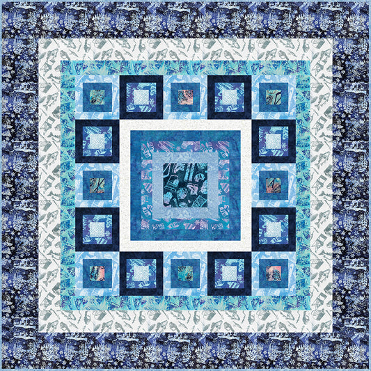 A blue and white quilt featuring a classic square design of a large square with smaller squares surrounding it.