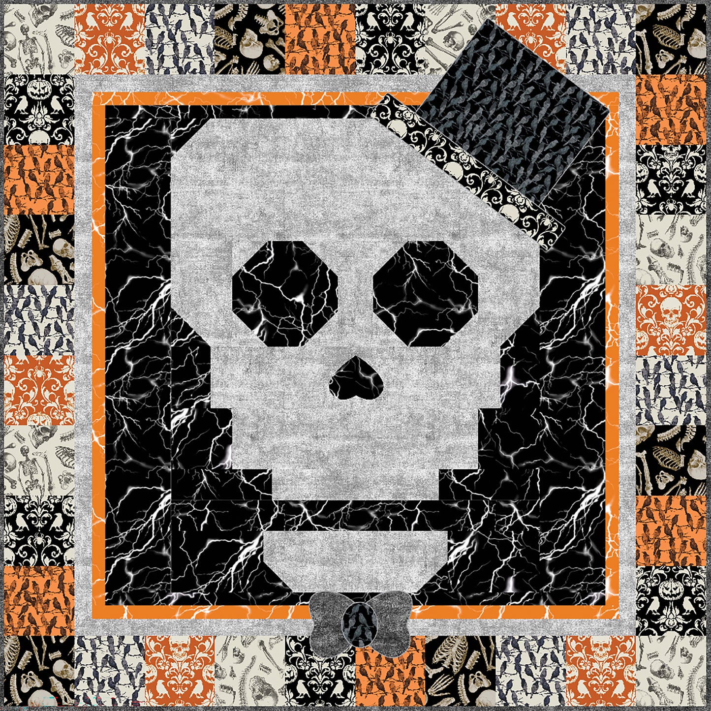 Fun and not-so-scary quilt showcases a skull in the middle with top hat and bow tie with border of squares of different Halloween fabrics.