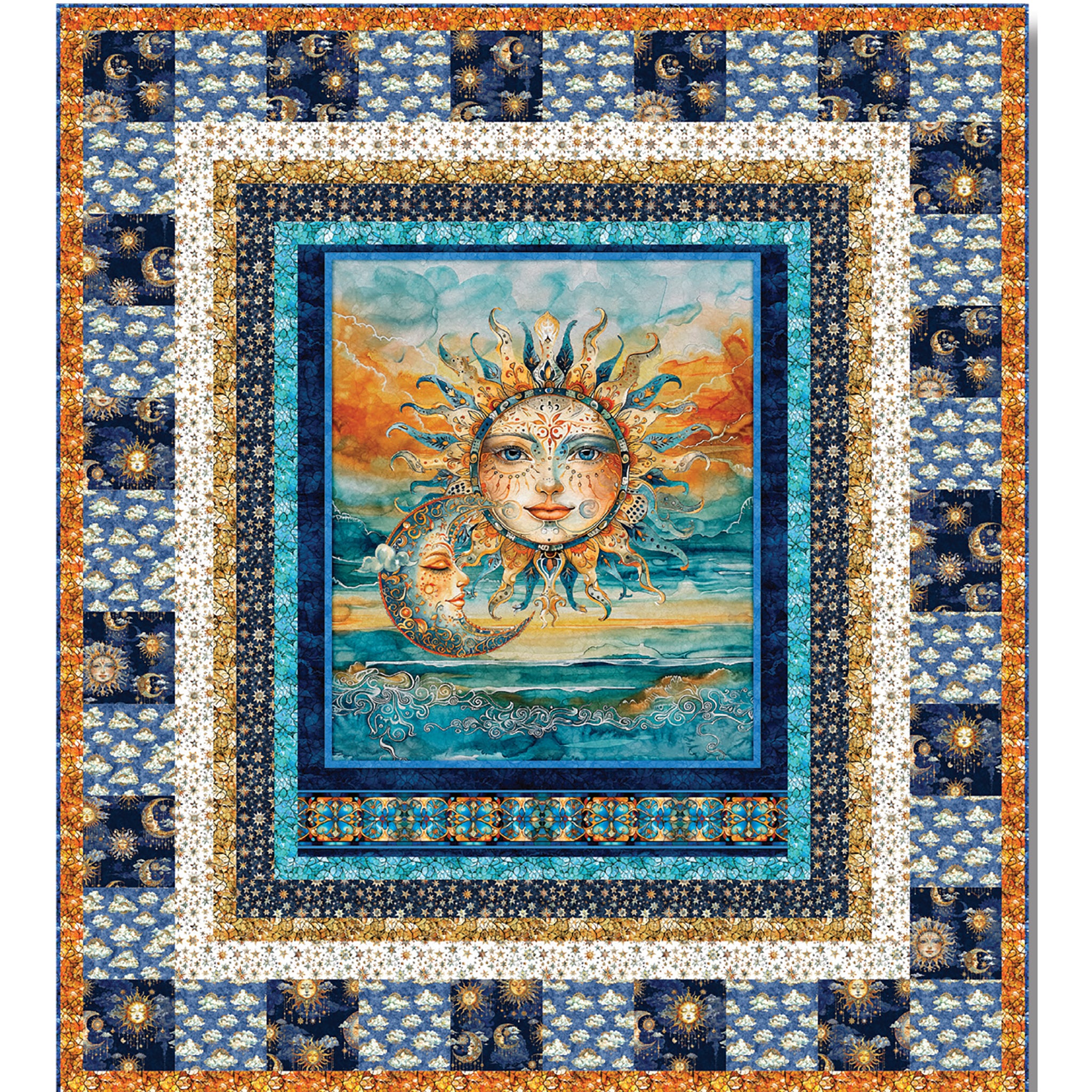 A vibrant quilt featuring sun and moon design in the middle with bright blue and orange colors and faces on each as if the moon is rising with the sun in the middle. Multiple borders ending with one with squares of clouds and sun and moon.