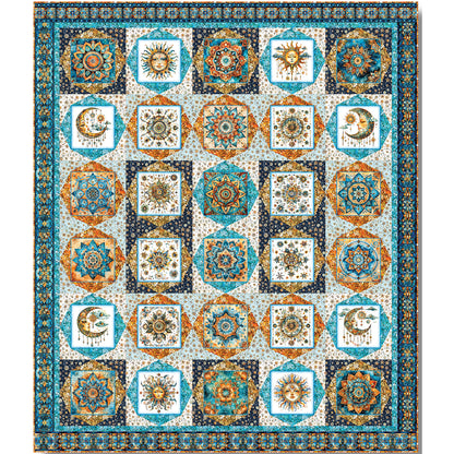 A rich blue and orange quilt featuring a sun and moon design of medallions.