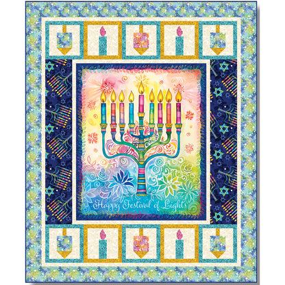 A beautiful quilt featuring a menorah design in bright colors with top and bottom border of blocks with a dreidel and candle.