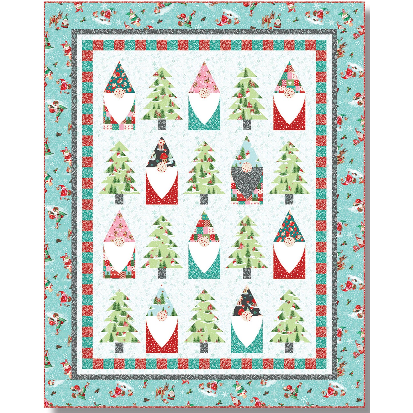 A festive quilt featuring pine trees and bearded gnomes.