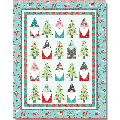 A festive quilt featuring pine trees and bearded gnomes.