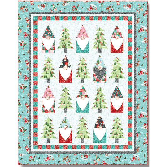 A festive quilt featuring pine trees and bearded gnomes.