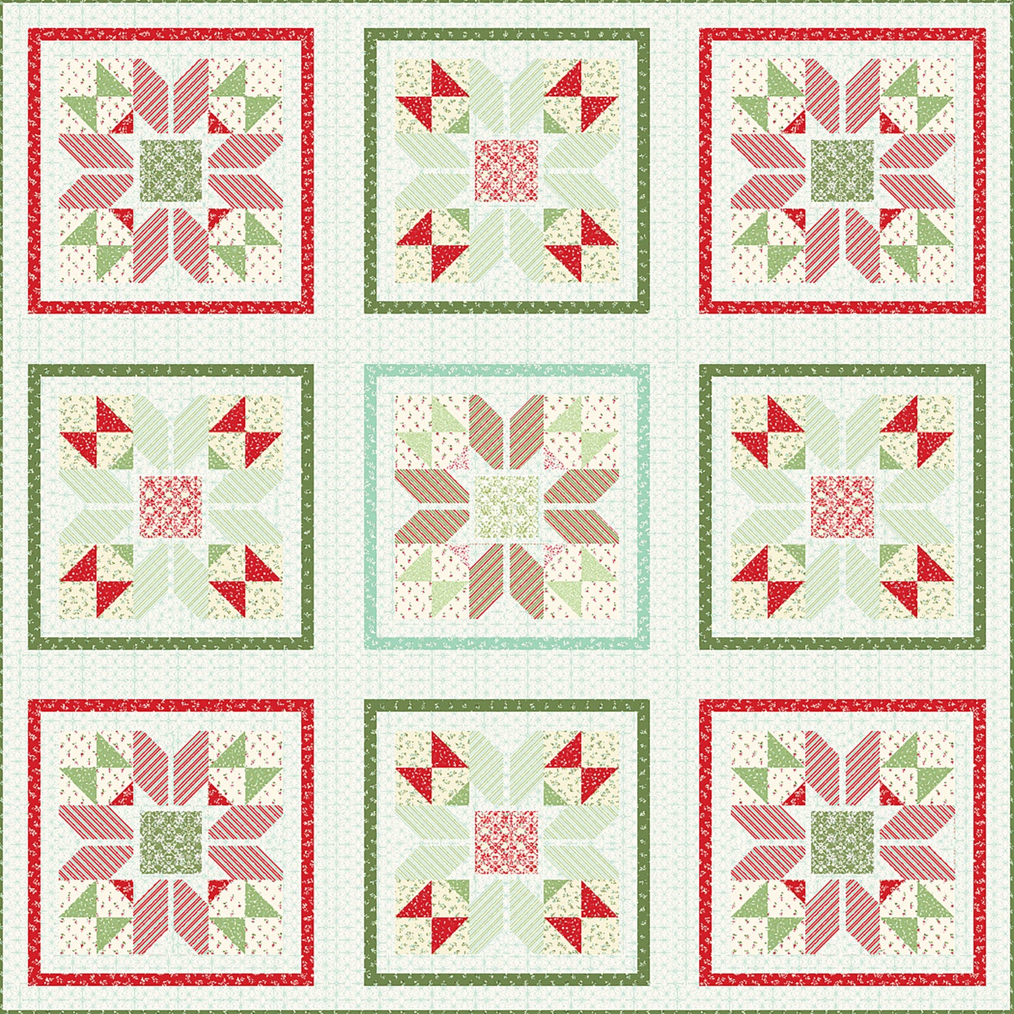 Beautiful Christmas colored quilt features nine blocks with alternating red, green, and cream fabric. There are three different block designs which have a flowery impression.