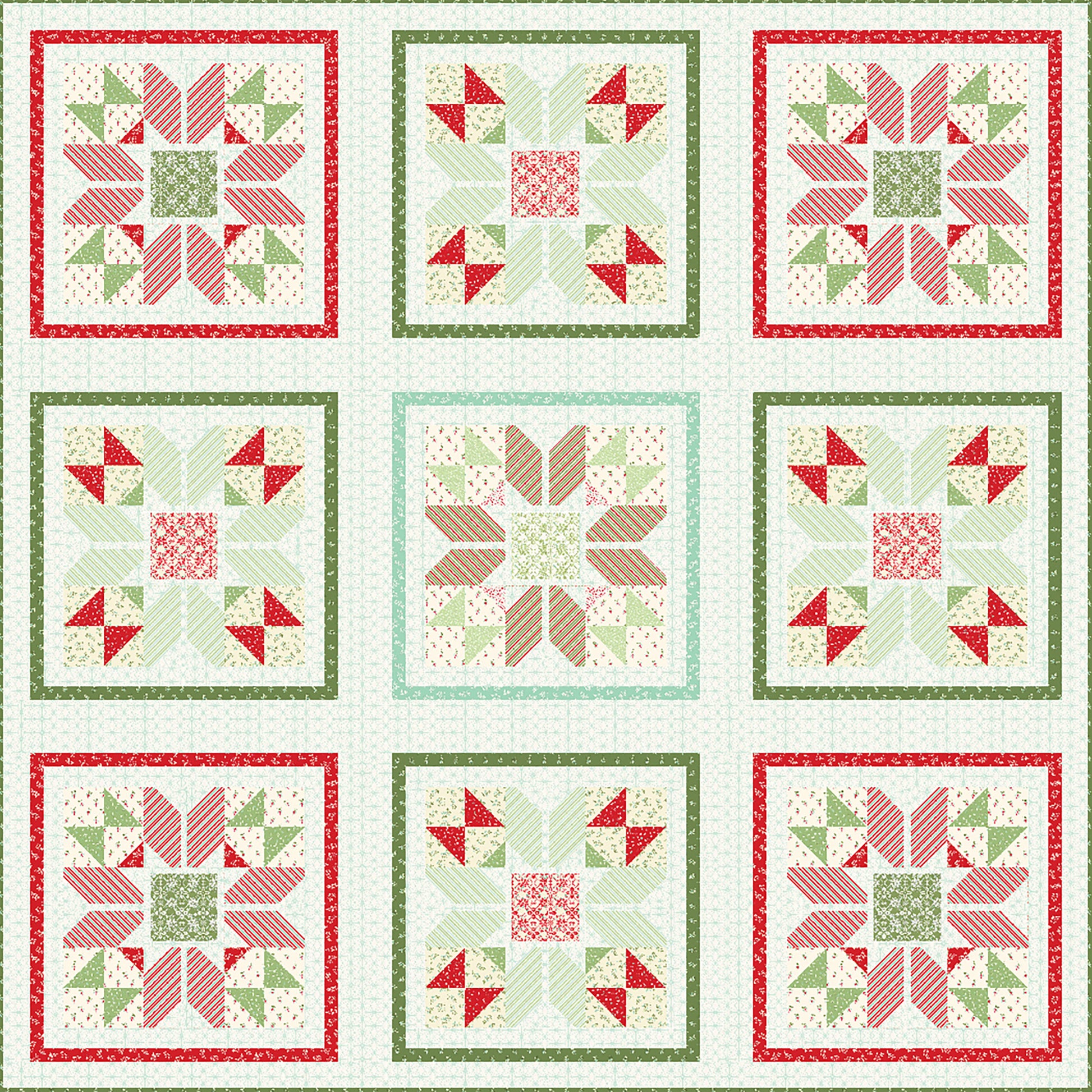 Beautiful Christmas colored quilt features nine blocks with alternating red, green, and cream fabric. There are three different block designs which have a flowery impression.