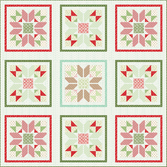 Beautiful Christmas colored quilt features nine blocks with alternating red, green, and cream fabric. There are three different block designs which have a flowery impression.