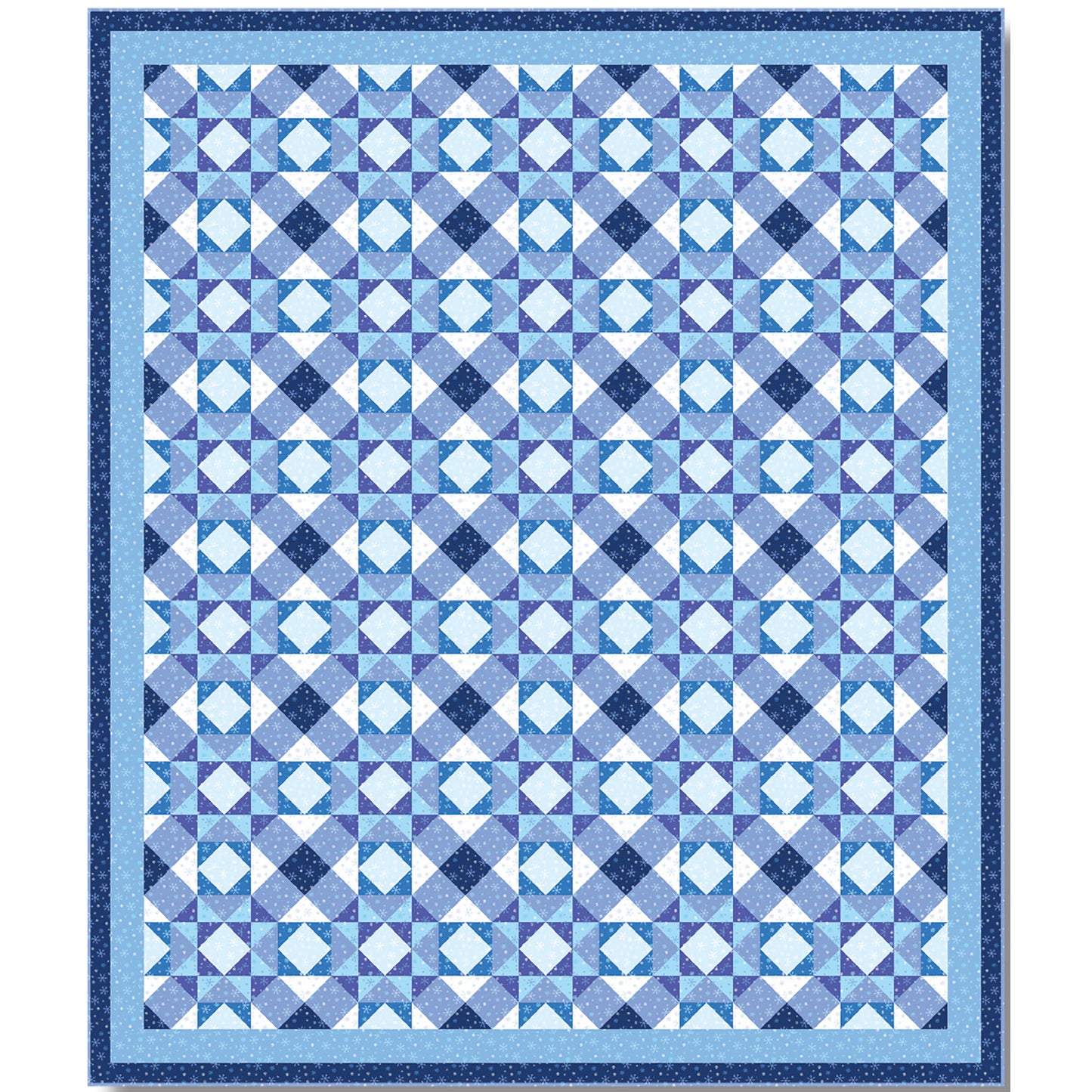 Beautiful and graceful blue quilt features geometric design which looks like snowflakes next to each other or cool diamonds and squares design. It's a busy, yet elegant design.