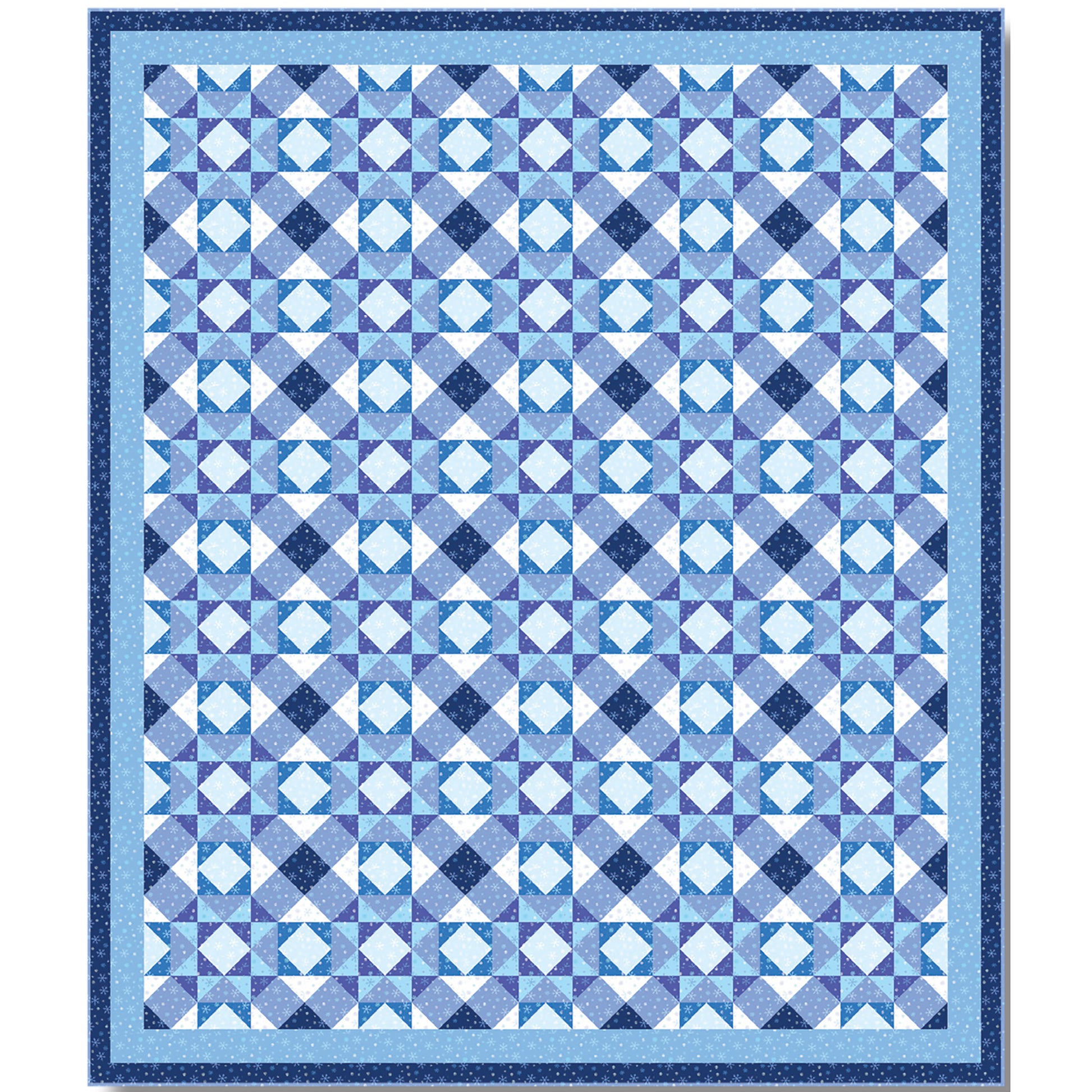 Beautiful and graceful blue quilt features geometric design which looks like snowflakes next to each other or cool diamonds and squares design. It's a busy, yet elegant design.