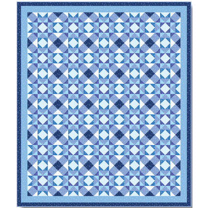 Beautiful and graceful blue quilt features geometric design which looks like snowflakes next to each other or cool diamonds and squares design. It's a busy, yet elegant design.