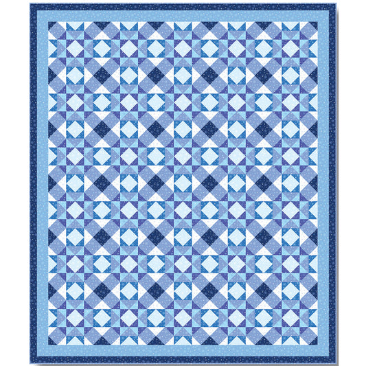 Beautiful and graceful blue quilt features geometric design which looks like snowflakes next to each other or cool diamonds and squares design. It's a busy, yet elegant design.