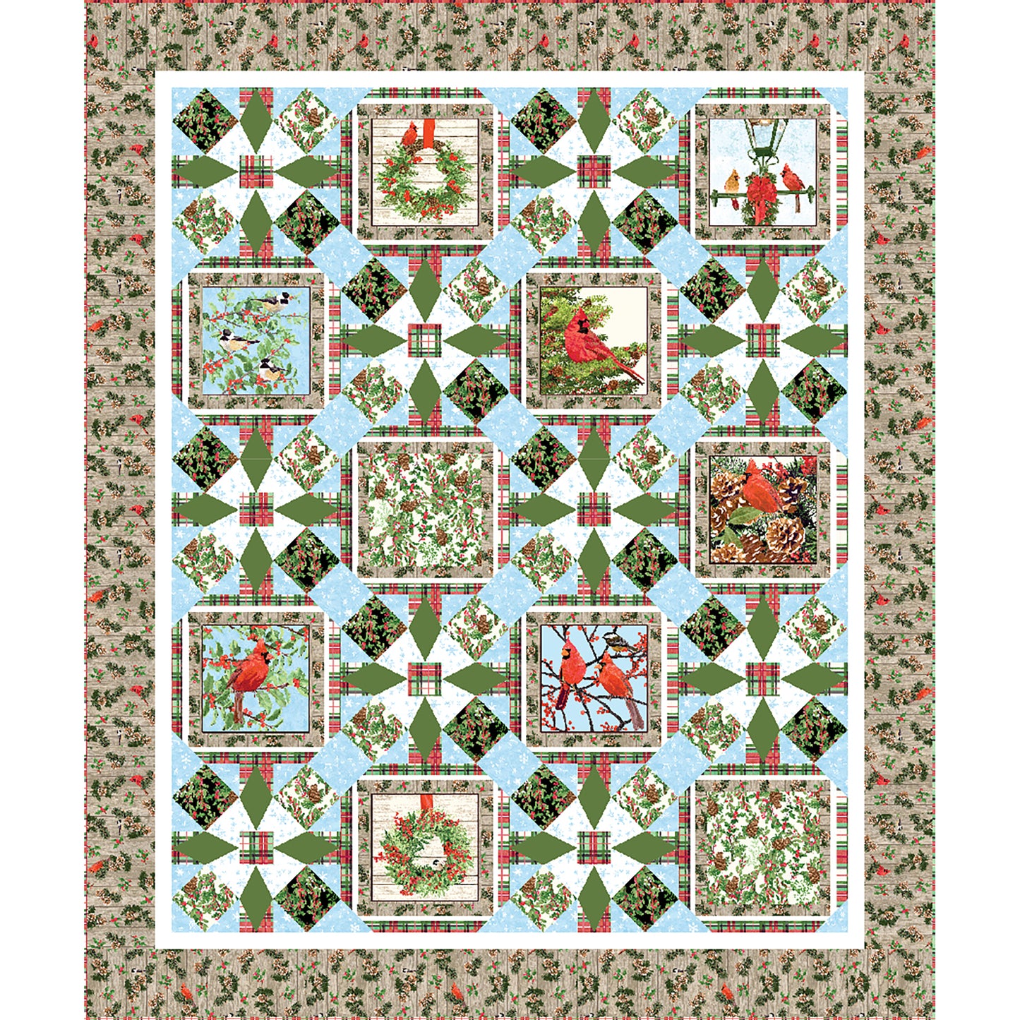 Festive quilt is in Christmas colors with blocks interspersed with fancy designs. The blocks include cardinals and wreaths.