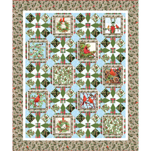 Festive quilt is in Christmas colors with blocks interspersed with fancy designs. The blocks include cardinals and wreaths.