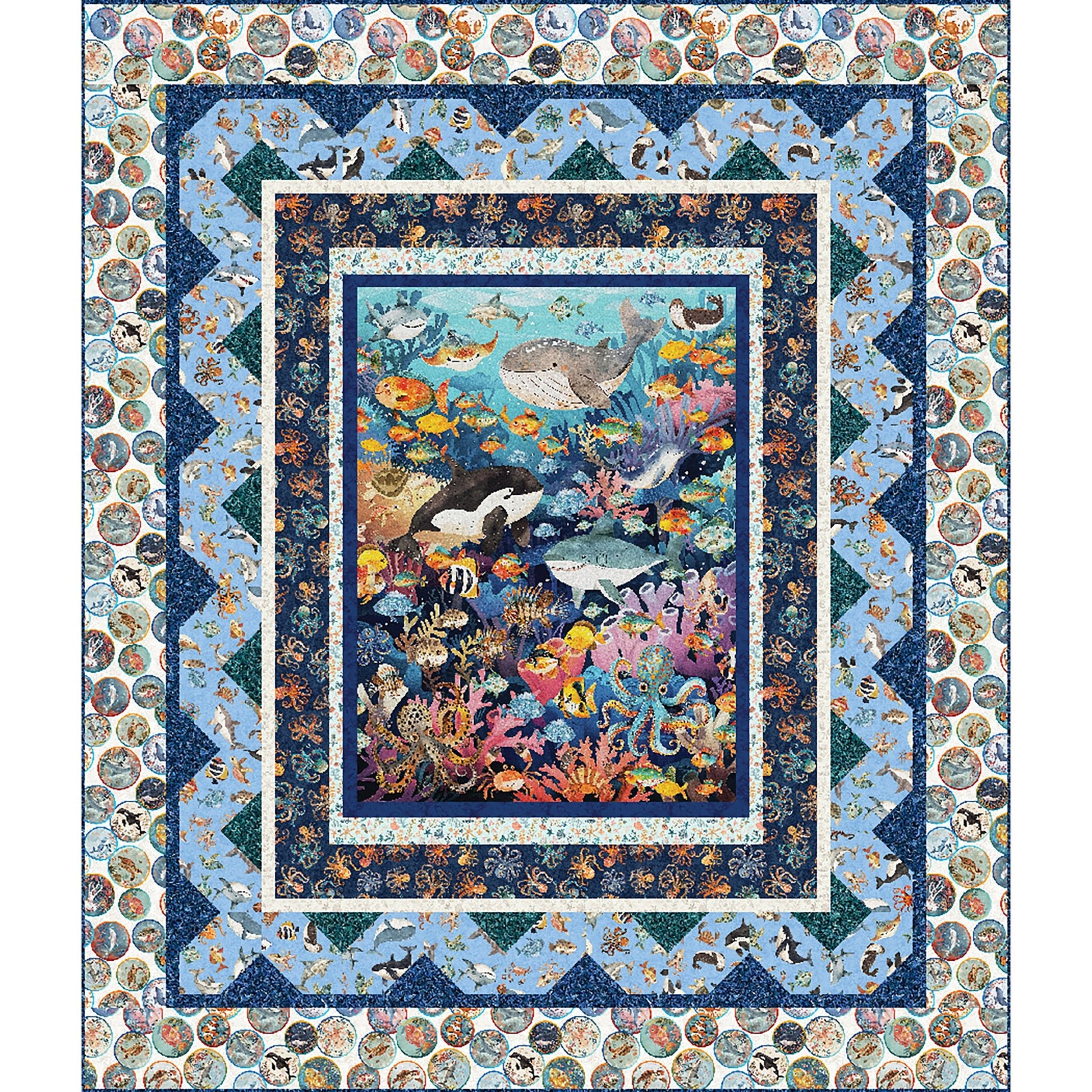 Beautiful quilt features a busy panel in the middle featuring a lively coral reef with so many ocean animals. Panel is framed a few times with different borders including a zig-zag design. Perfect quilt for the ocean lovers and scuba-divers in your life.