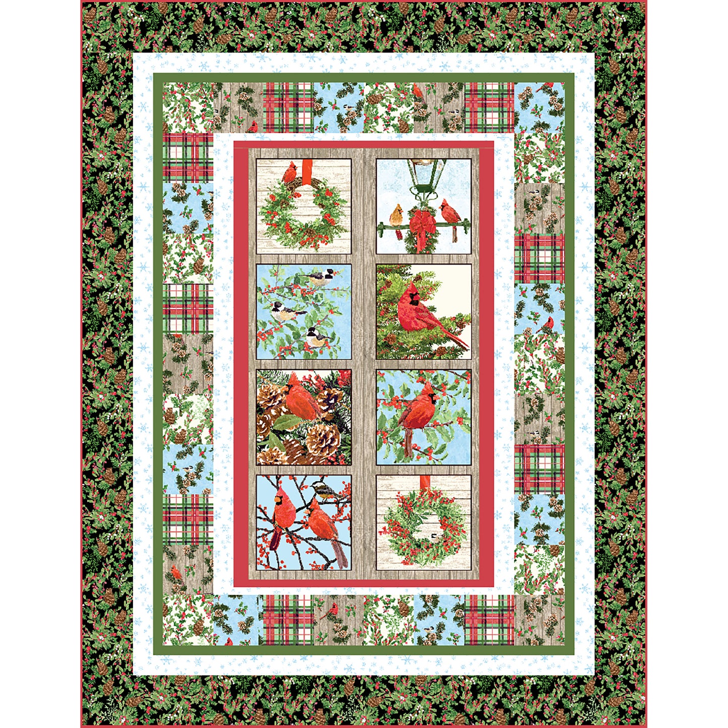 Fun holiday themed quilt features bright red cardinals mixed in with a few wreathes.