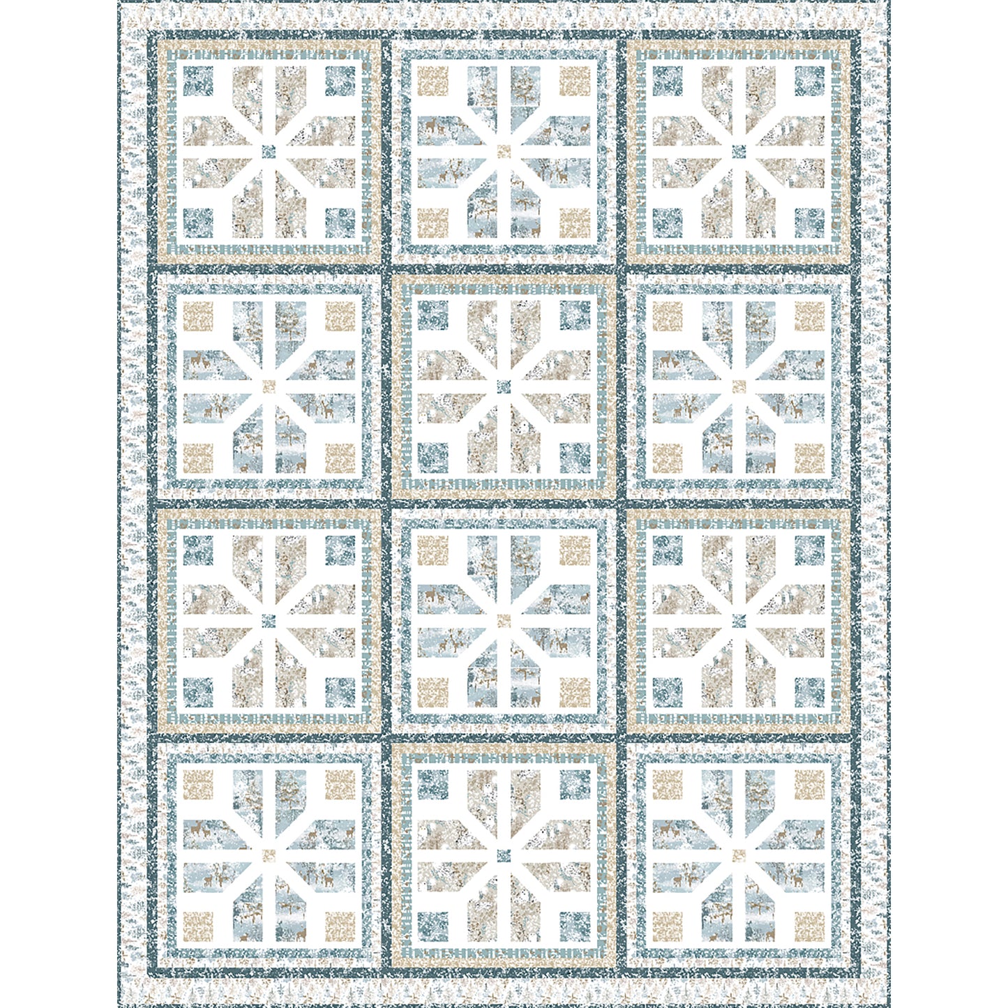 A blue, white, and tan quilt featuring a classic square pattern. Each square has a fun snowflake feel design inside. It's very elegant looking.