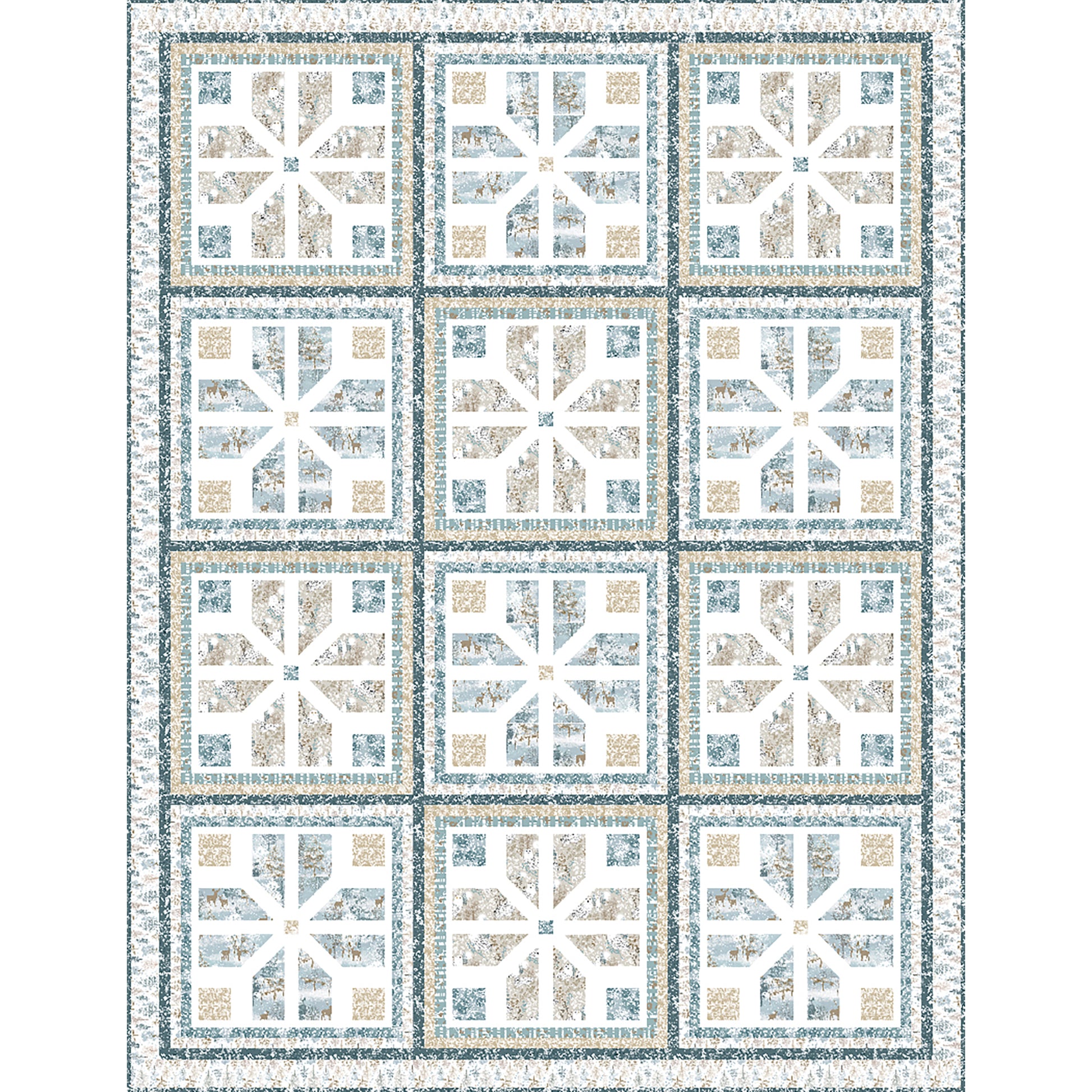 A blue, white, and tan quilt featuring a classic square pattern. Each square has a fun snowflake feel design inside. It's very elegant looking.