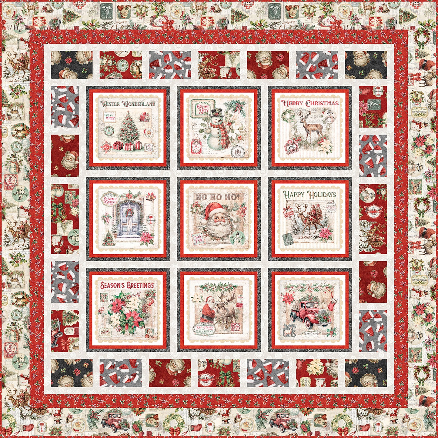 Center of these festive Christmas quilt features nine blocks of Santa and Christmas inspired images. Then it is bordered a few times including with rectangles of holiday fabric. It's very charming and sophisticated looking. 