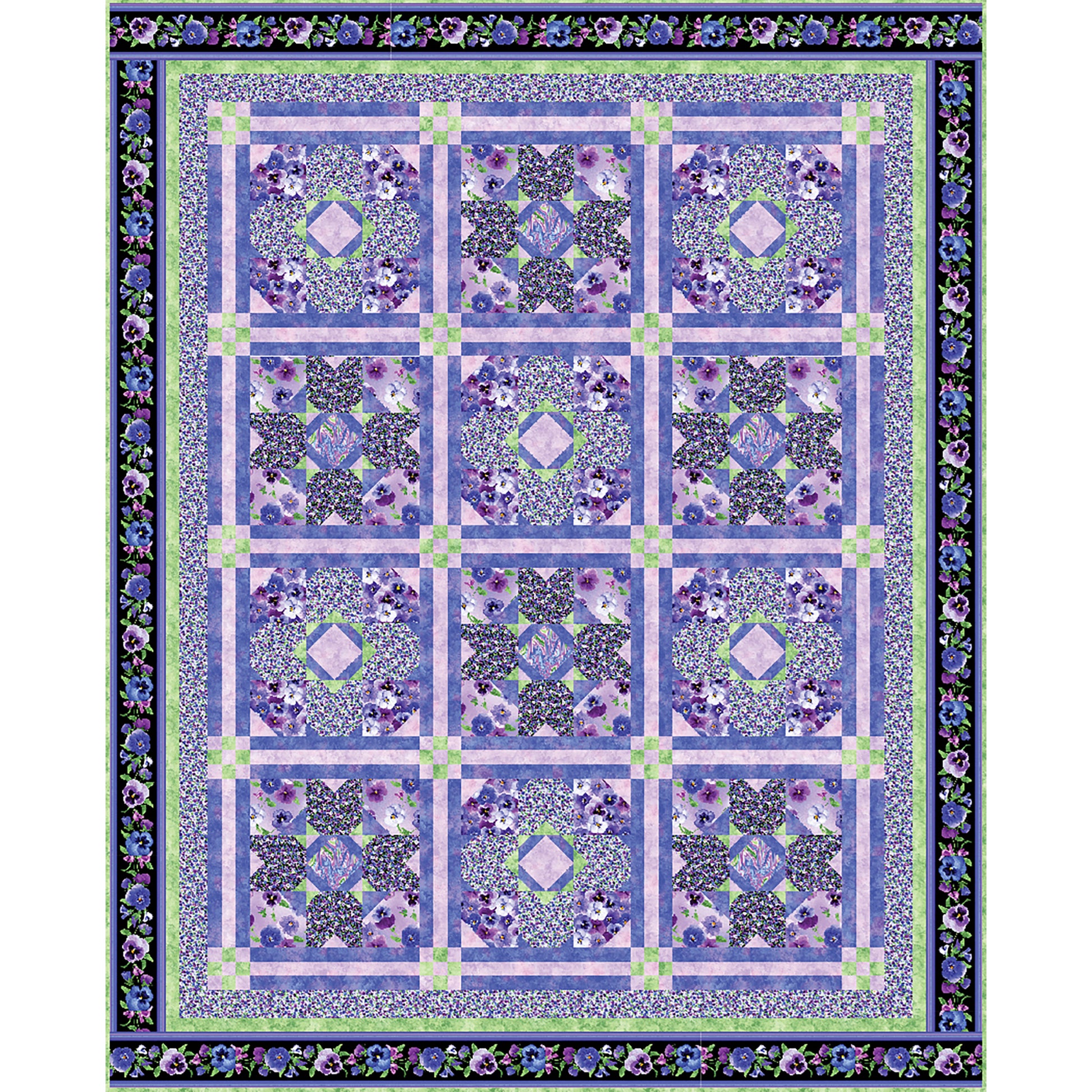 Beautiful quilt in purple with lots of details in the fabric and block designs. t's a three by four design with two different blocks staggered. 