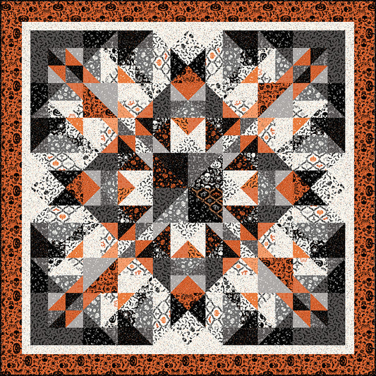 Very artistic quilt in orange, black and white which makes it feel like it's for Halloween. Very artsy with lots of shapes of color and fabric.