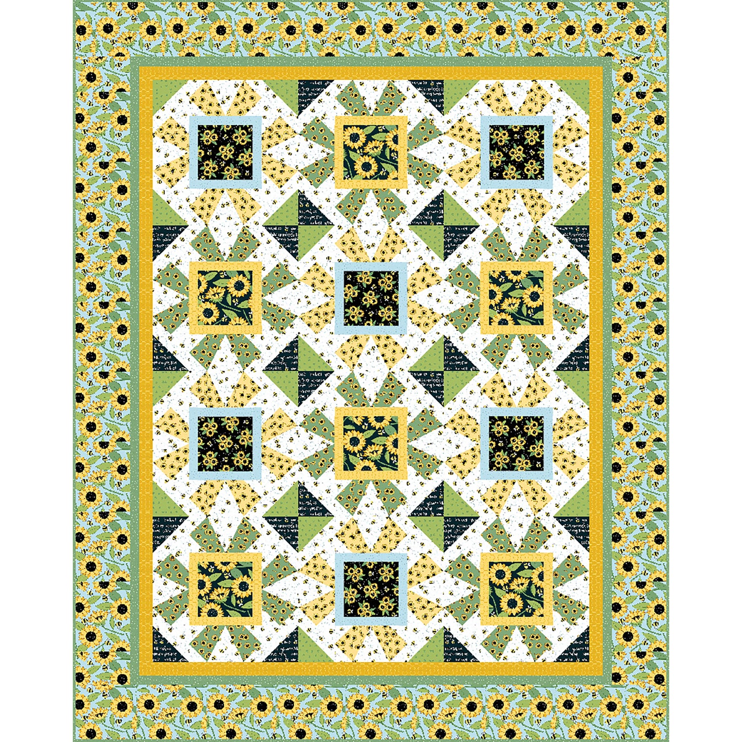 Lovely daisies quilt features small and large print daisy fabric in green and yellow. There are fun star-like blocks along with hourglasses to help enhance the fabric. 