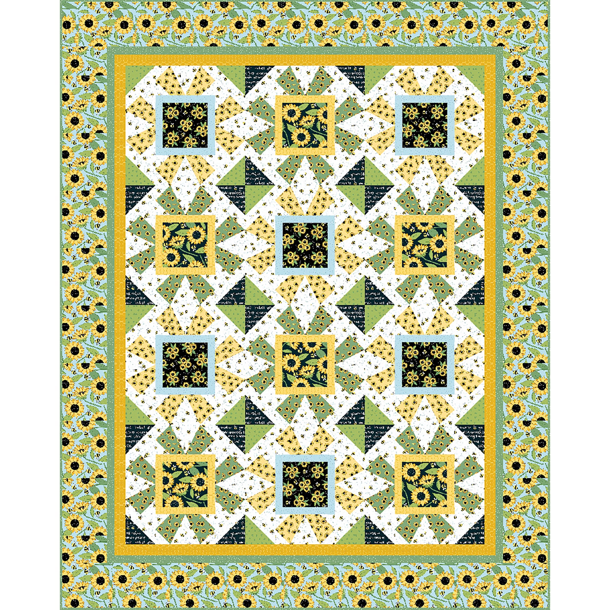 Lovely daisies quilt features small and large print daisy fabric in green and yellow. There are fun star-like blocks along with hourglasses to help enhance the fabric. 