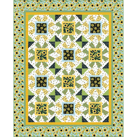 Lovely daisies quilt features small and large print daisy fabric in green and yellow. There are fun star-like blocks along with hourglasses to help enhance the fabric. 